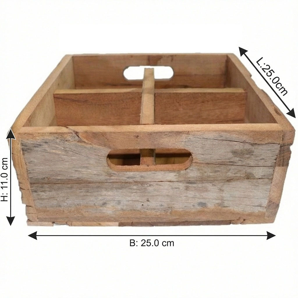 High-Quality Wooden Box with 4 Compartments Made of Solid Wood, Natural, H.11 cm