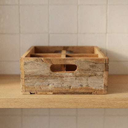 High-Quality Wooden Box with 4 Compartments Made of Solid Wood, Natural, H.11 cm