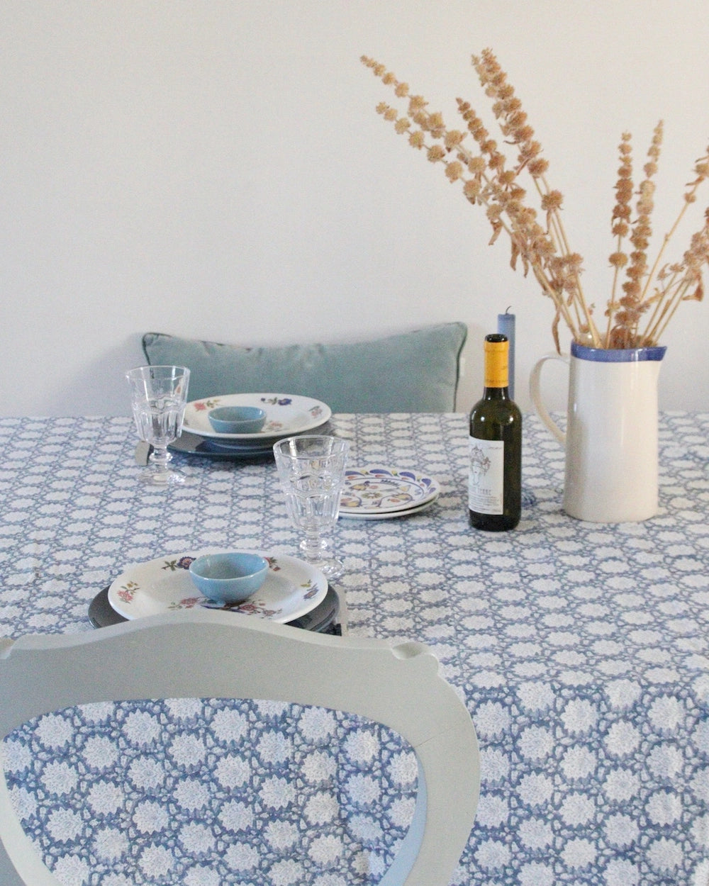 Handblockprinted Tablecloth Square Breezy Blue 150 X 150 cm