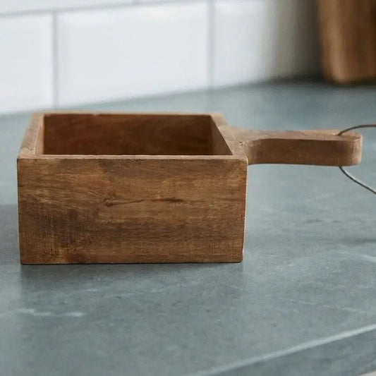 Wooden Bowl with Handle, Square, Natural, Solid Mango Wood, L.25 cm