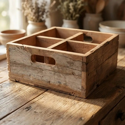 High-Quality Wooden Box with 4 Compartments Made of Solid Wood, Natural, H.11 cm