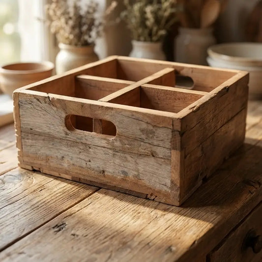 High-Quality Wooden Box with 4 Compartments Made of Solid Wood, Natural, H.11 cm