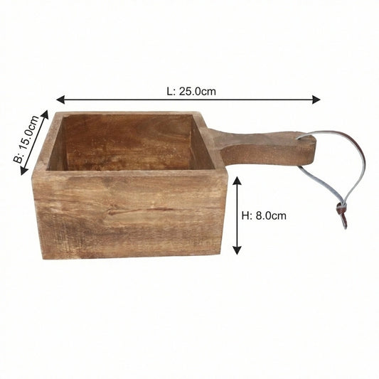 Wooden Bowl with Handle, Square, Natural, Solid Mango Wood, L.25 cm