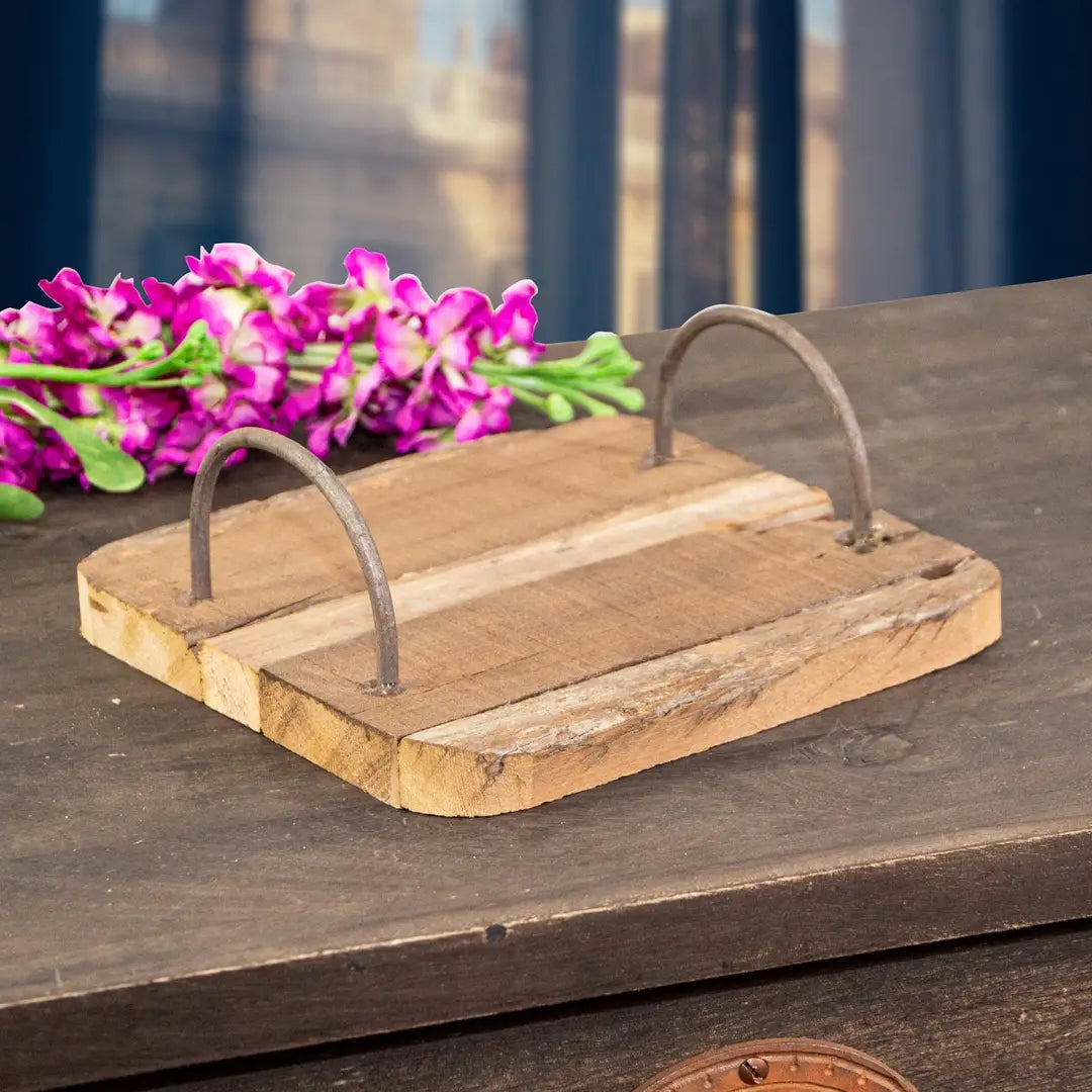 Rustic Wooden Board with Metal Handles. Showcasing