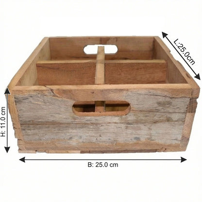 High-Quality Wooden Box with 4 Compartments Made of Solid Wood, Natural, H.11 cm